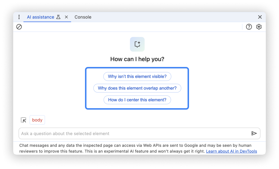 AI アシスタント パネル。プロンプトの例がハイライト表示されています。