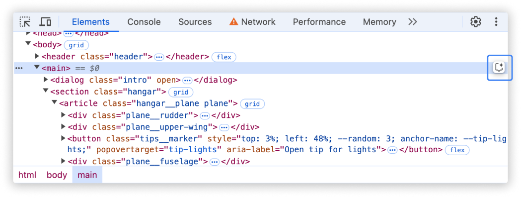 Tombol mengambang yang terpasang ke node DOM.