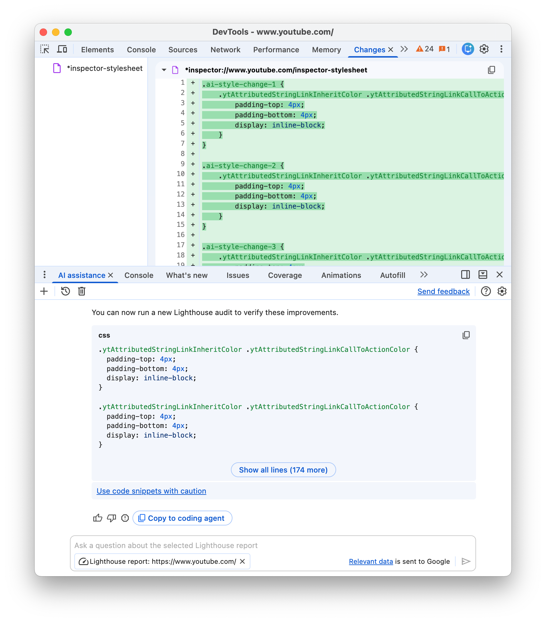 Code changes generated by the agent in the Changes panel.