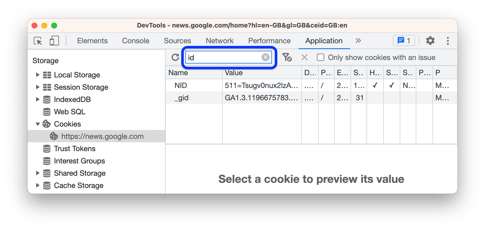 过滤掉任何不包含“id”的 Cookie。