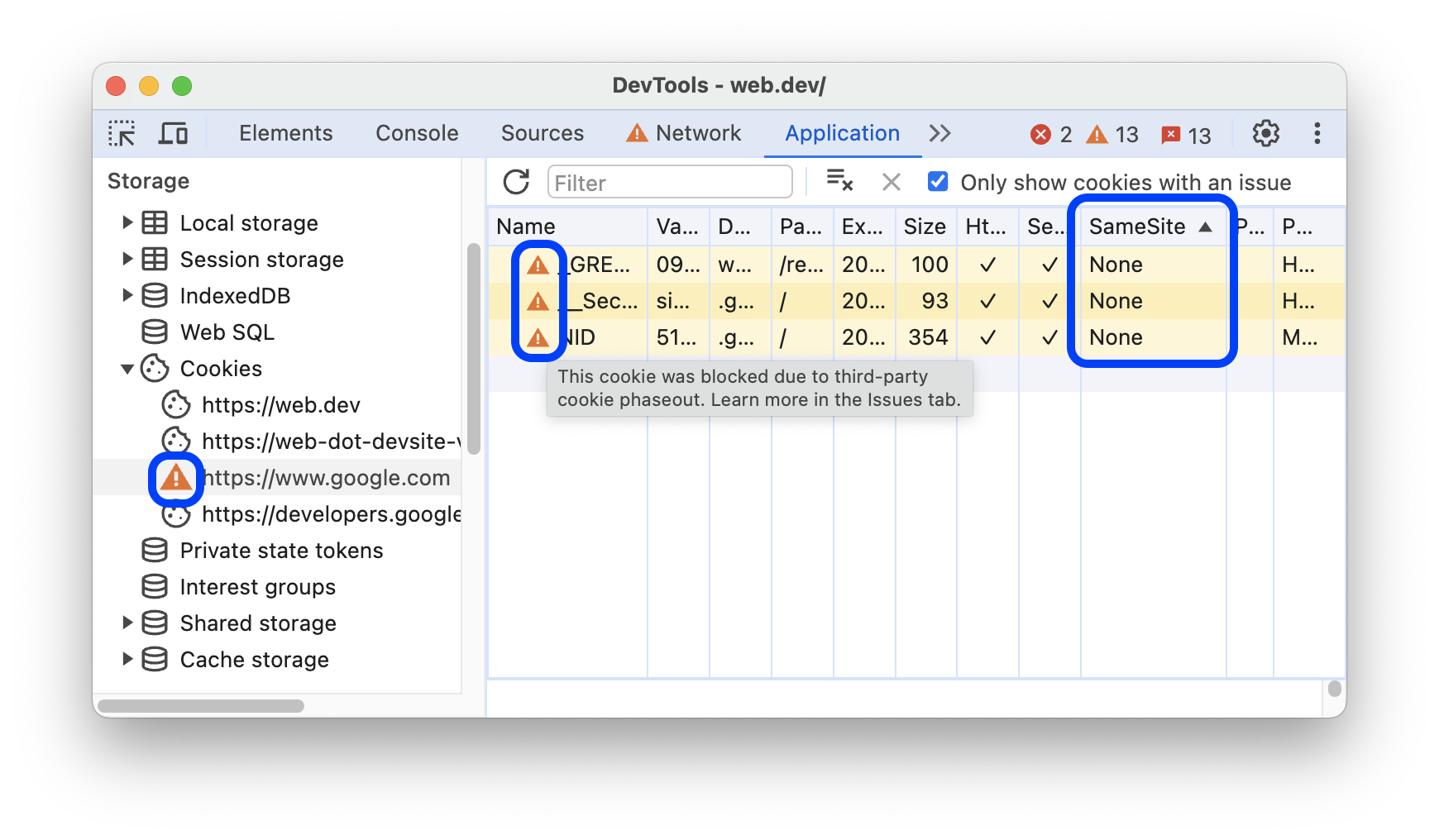 Cookie dengan atribut SameSite=None di bagian Storage.