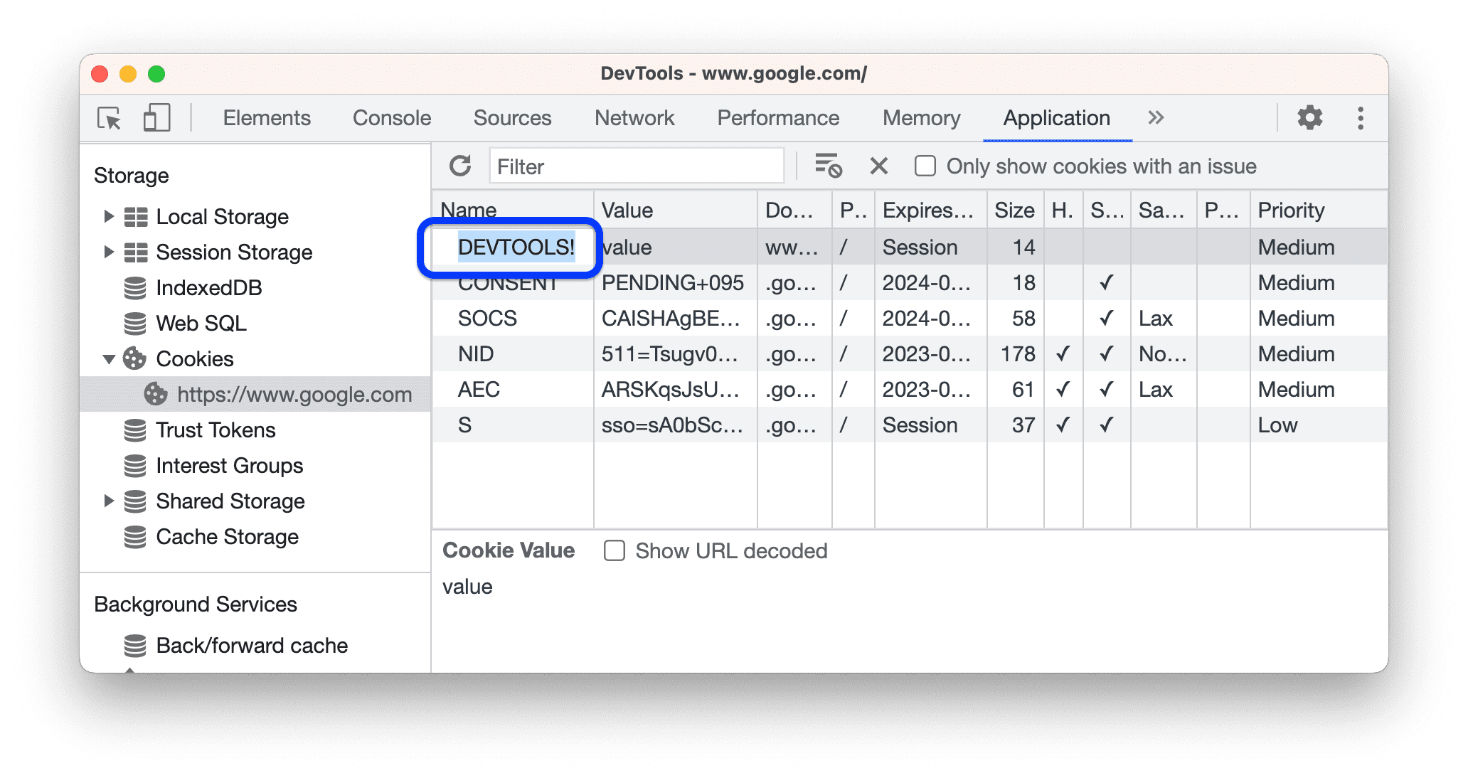 Menetapkan nama cookie ke &#39;DEVTOOLS!&#39;