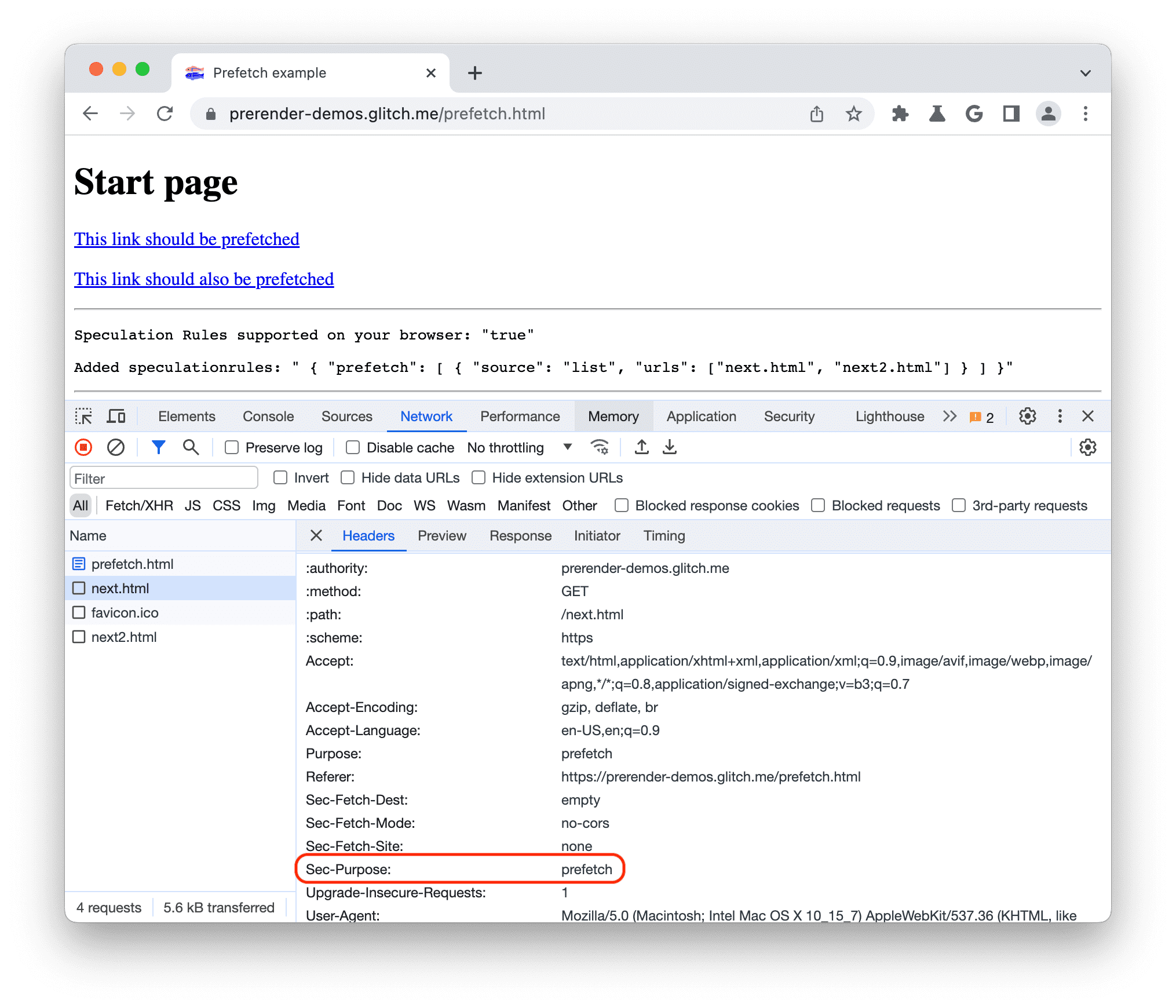 Header pengambilan data di muka Chrome DevTools dengan Sec-Purpose ditetapkan ke pengambilan data di muka