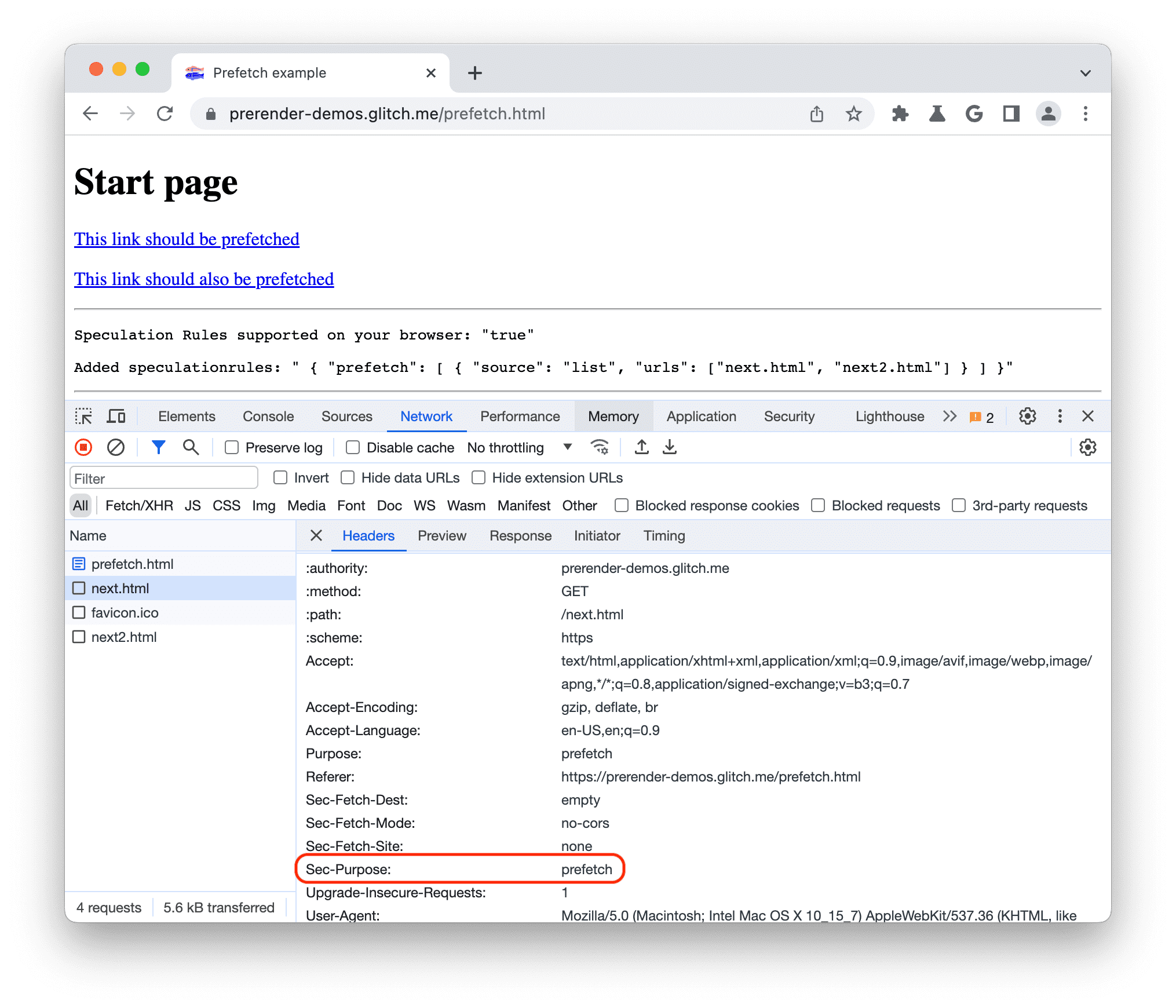 В инструментах разработчика Chrome установите параметр Sec-Purpose в значение prefetch для предварительной загрузки заголовков.