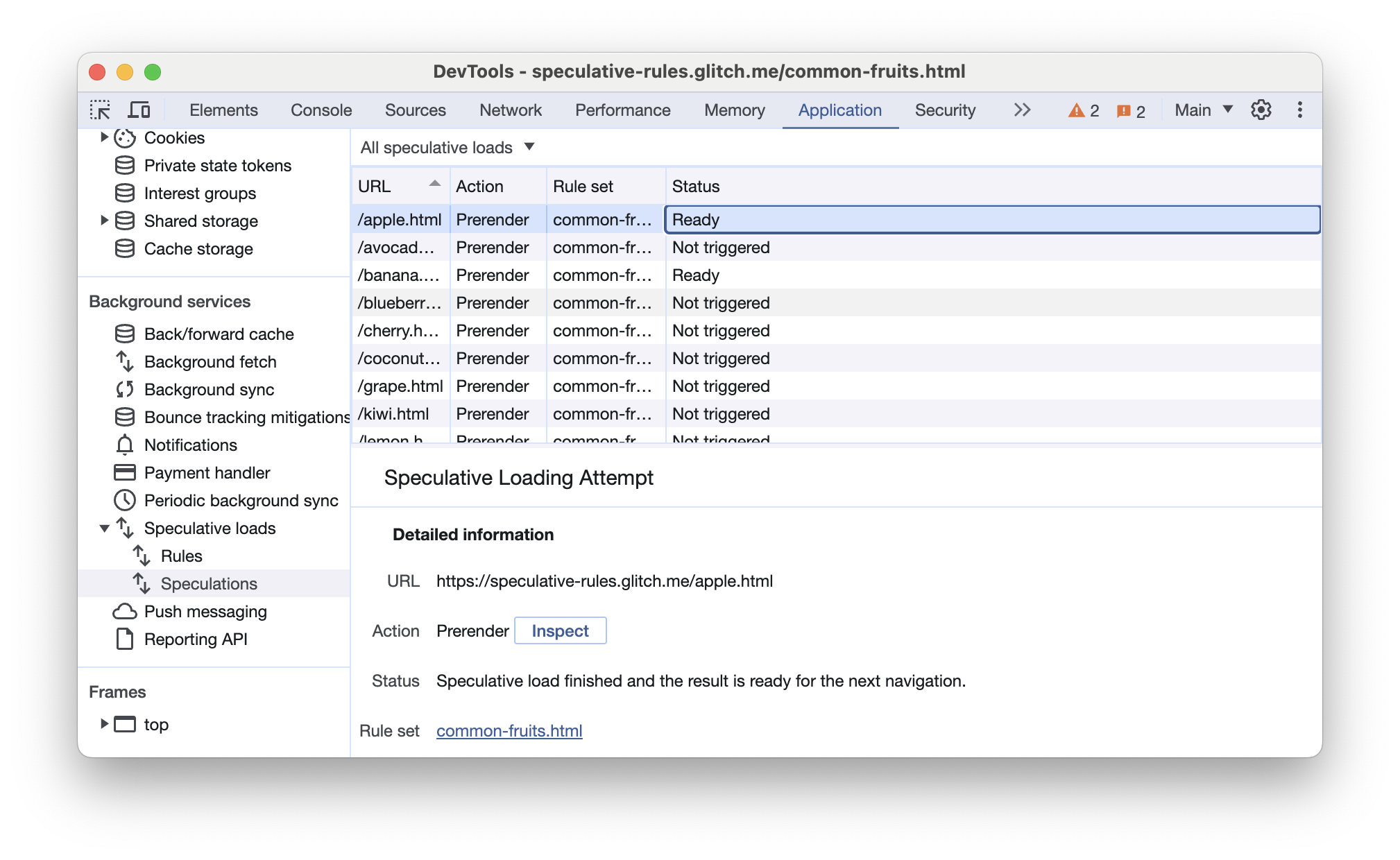 Pestaña Especulaciones de las Herramientas para desarrolladores de Chrome con páginas renderizadas previamente activadas