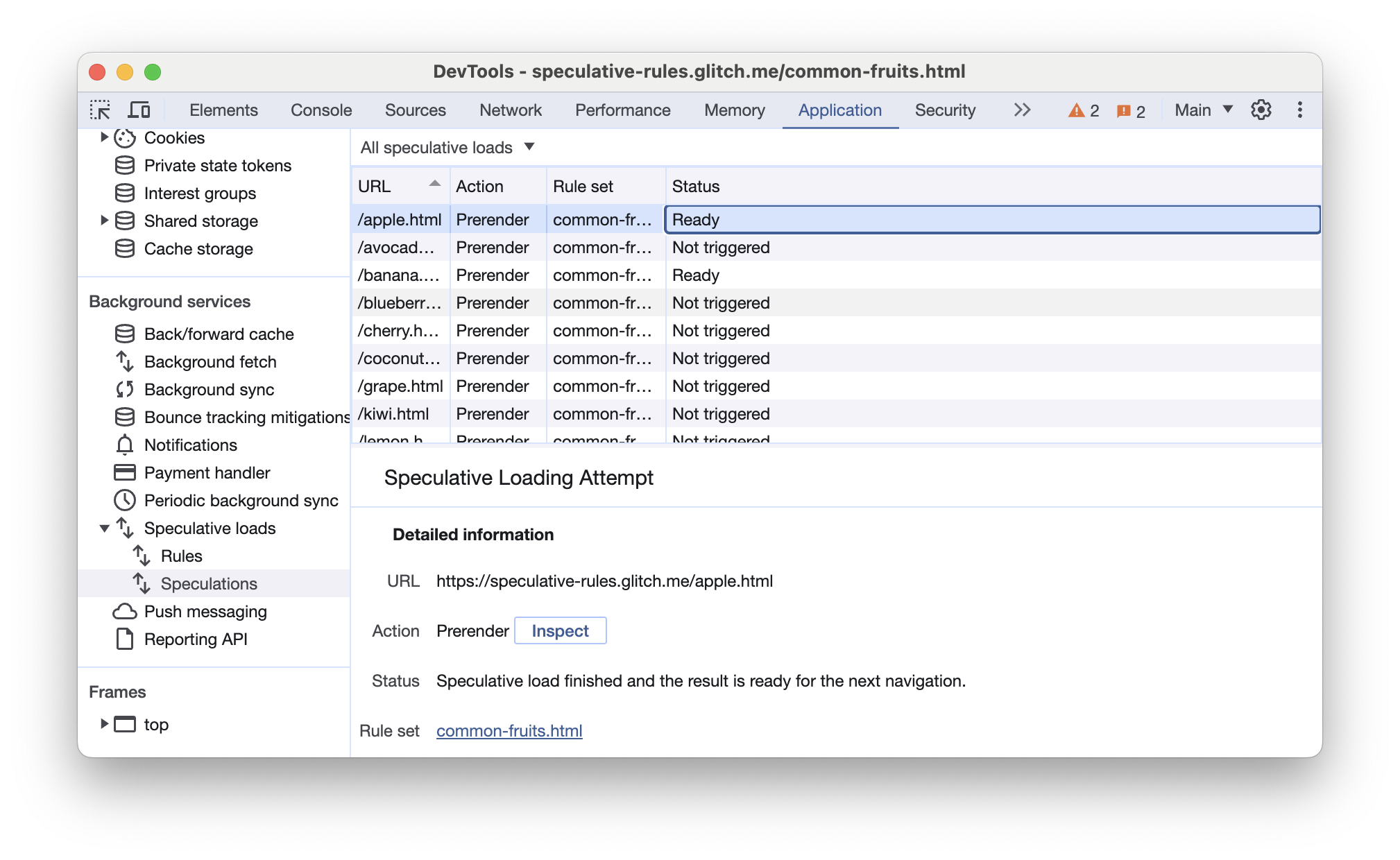 Chrome 開發人員工具的「推測」分頁，已觸發預先算繪頁面