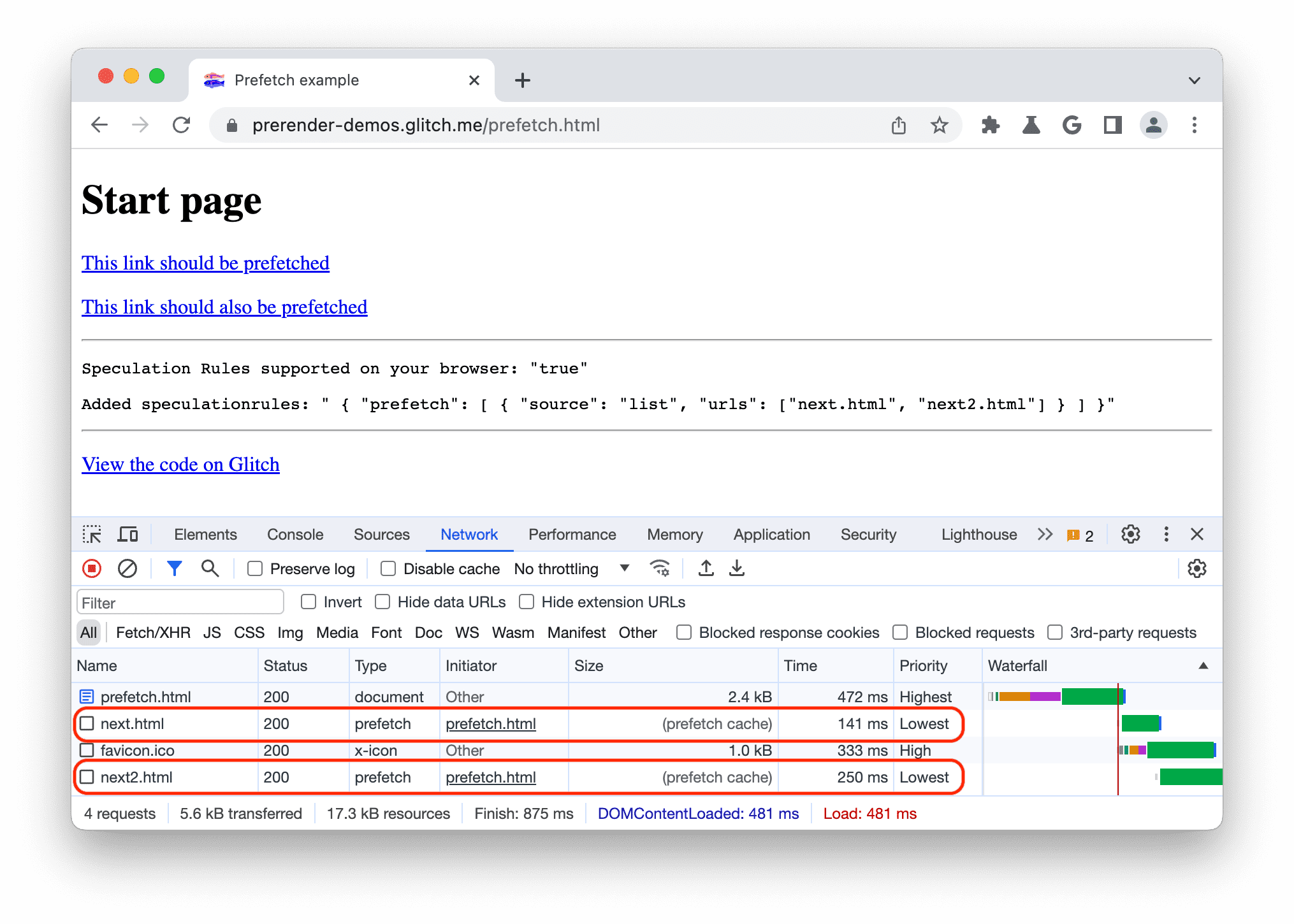 Netzwerkbereich in den Chrome-Entwicklertools mit vorabgerufenen Dokumenten