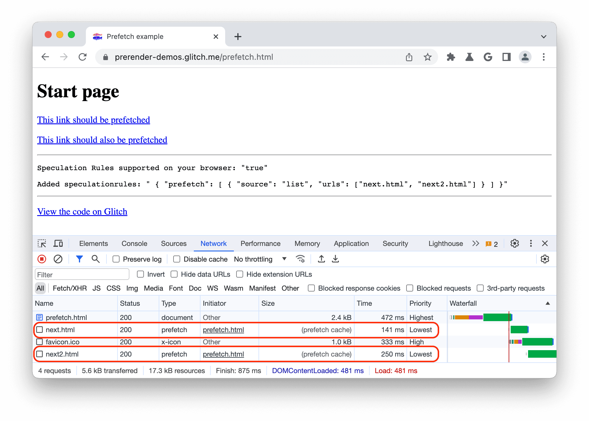 Панель «Сеть» в инструментах разработчика Chrome, отображающая предварительно загруженные документы.