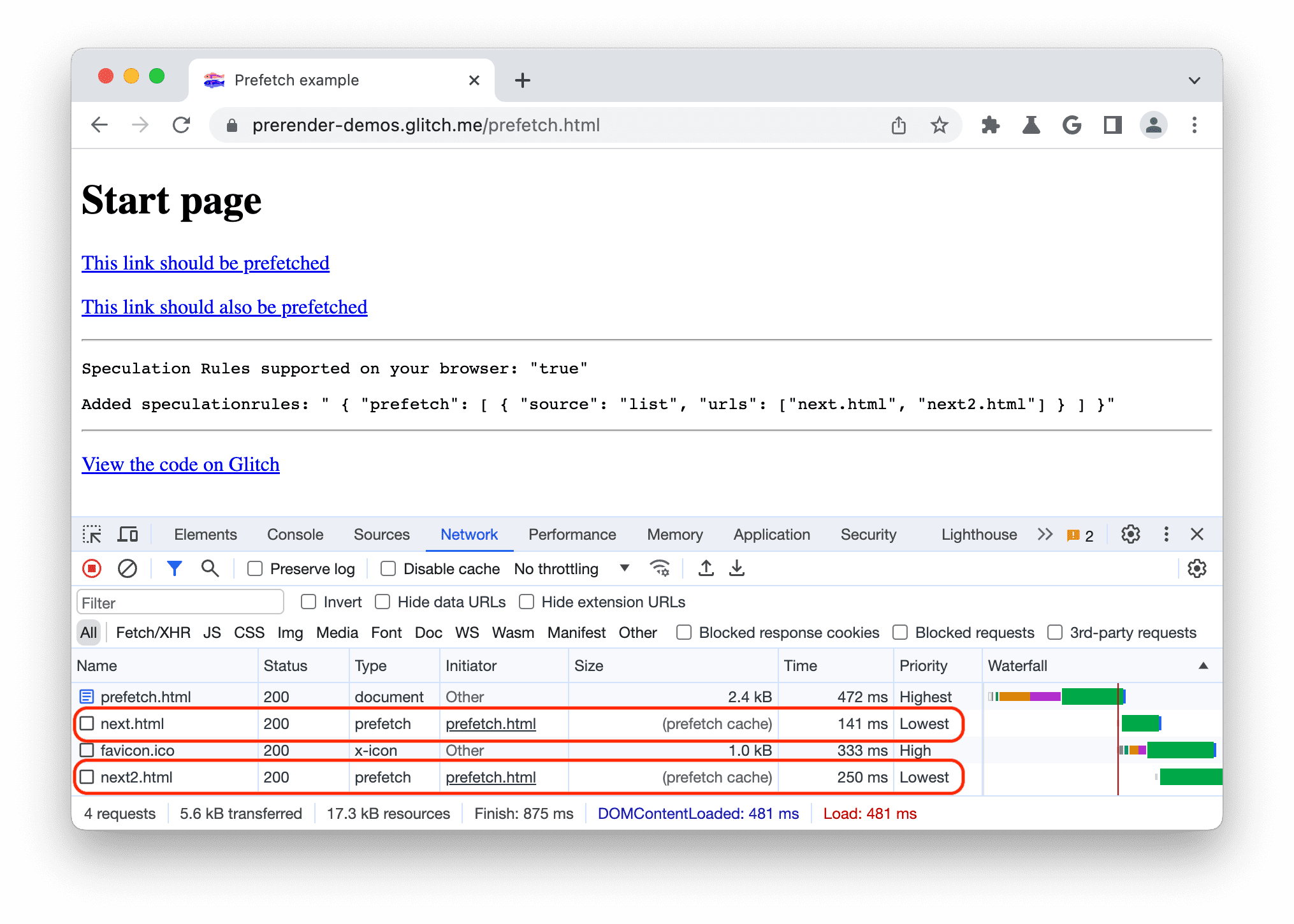 Chrome DevTools के नेटवर्क पैनल में, प्रीफ़ेच किए गए दस्तावेज़ दिख रहे हैं