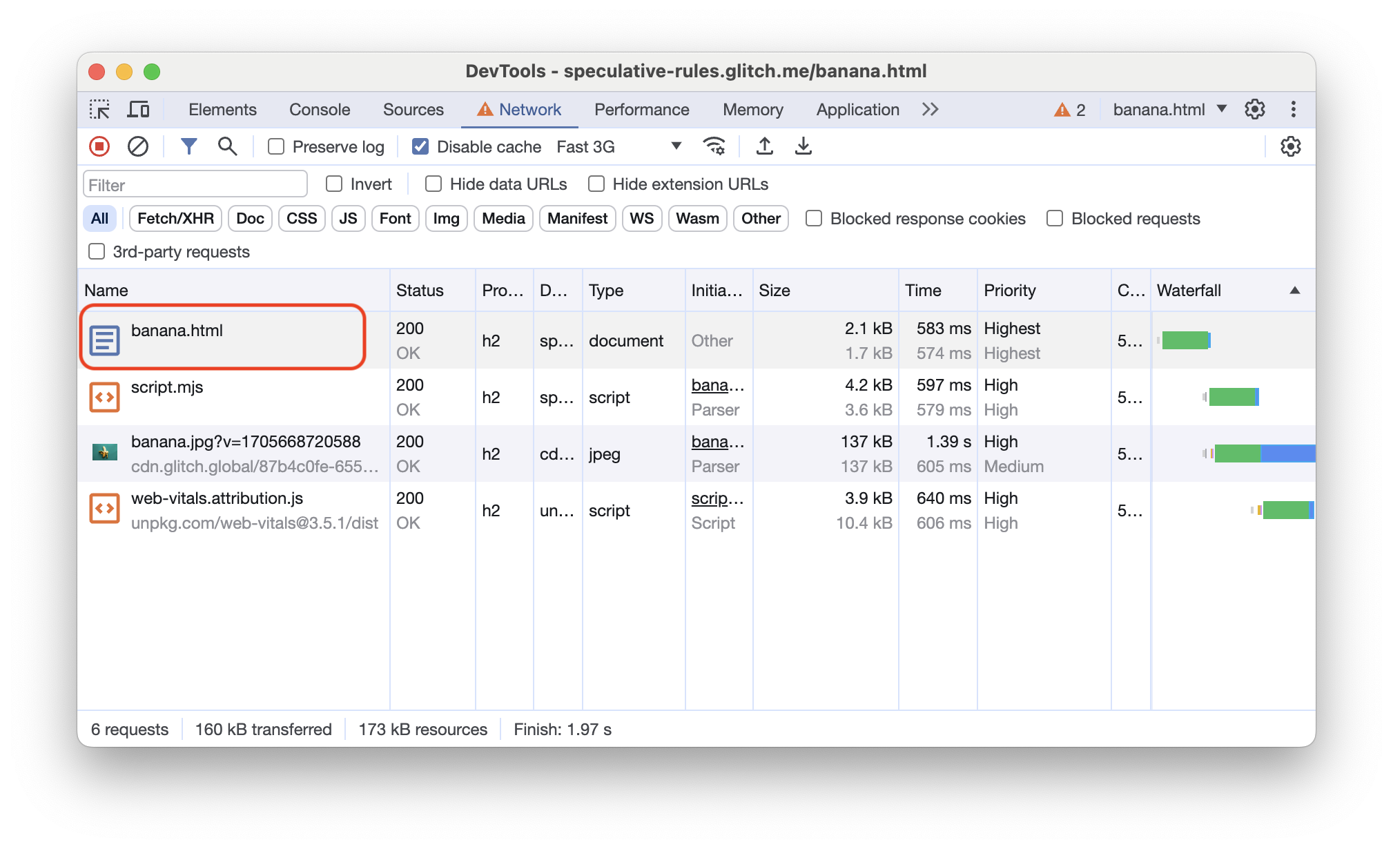 Riquadro Rete di Chrome DevTools che mostra le richieste di rete per la pagina pre-renderizzata