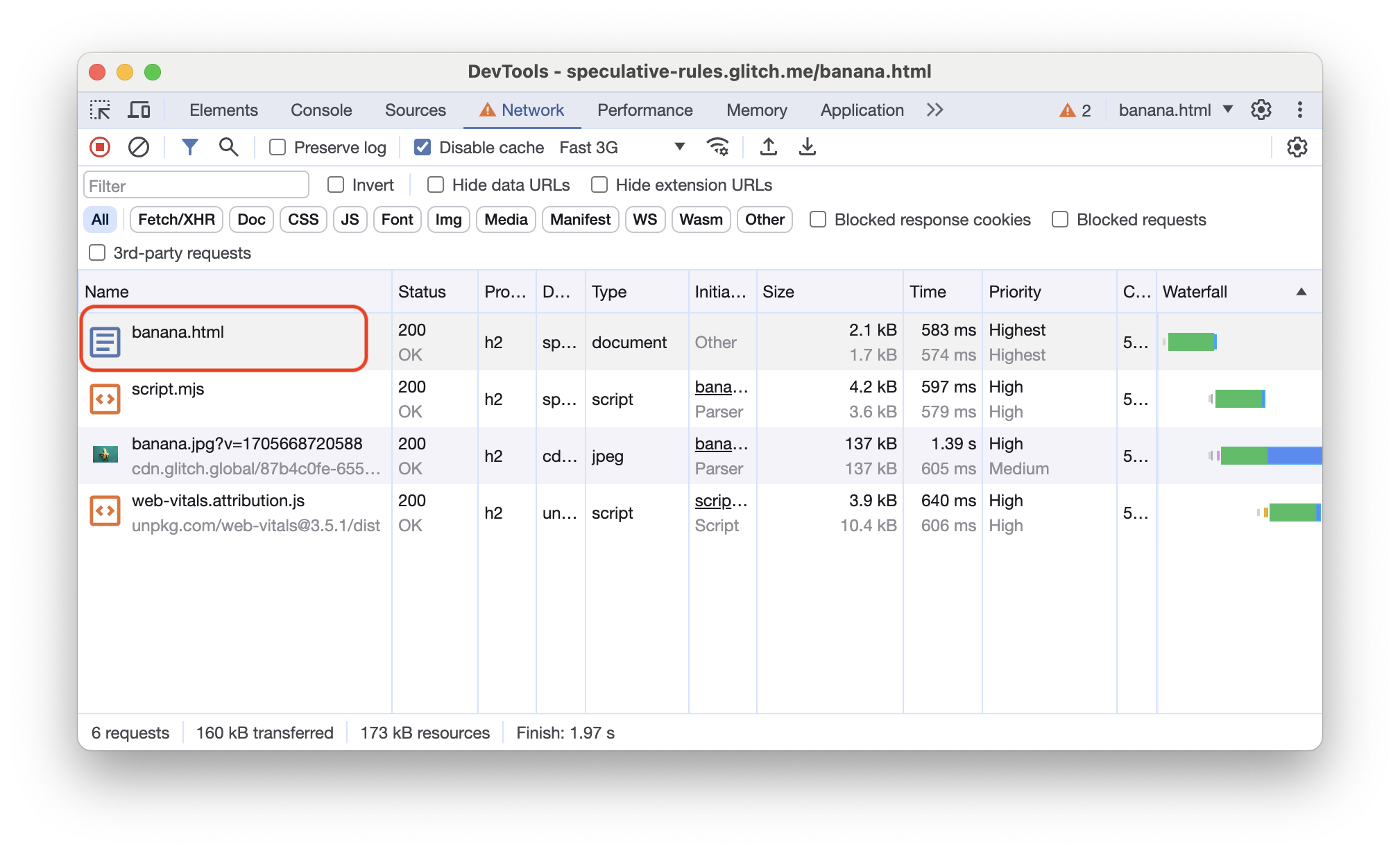 Panel Jaringan Chrome DevTools menampilkan permintaan jaringan untuk halaman yang dipra-render