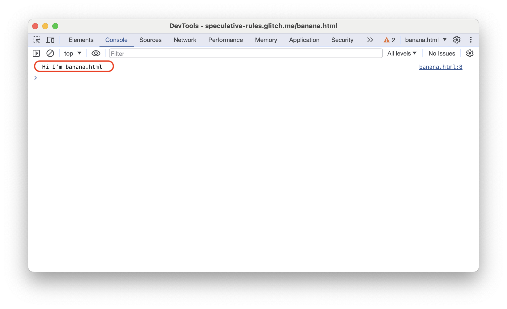 Panel Konsol Chrome DevTools yang menampilkan output konsol dari halaman yang dirender sebelumnya