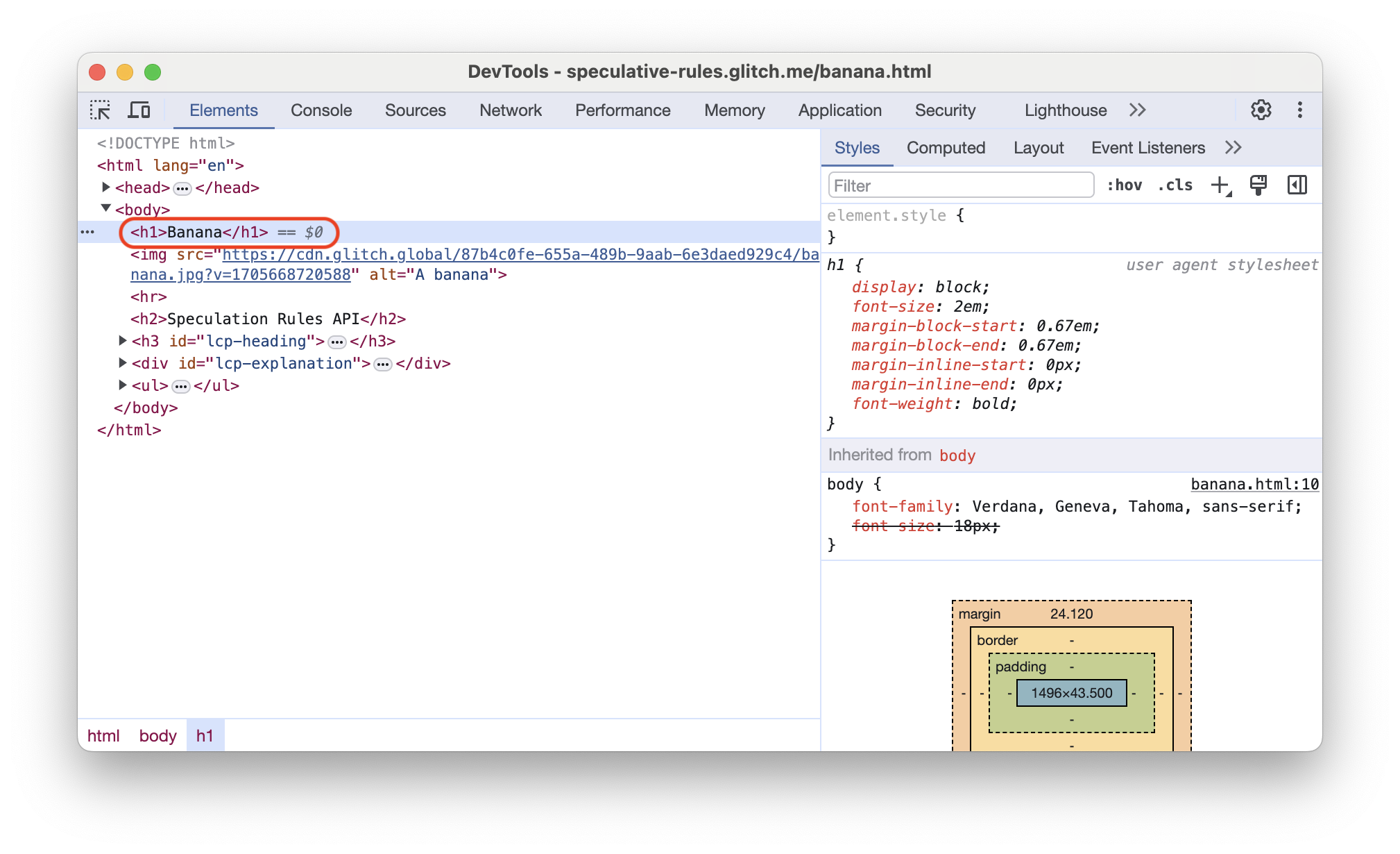 Steuerfeld „Elemente“ in Chrome DevTools für die vorab gerenderte Seite