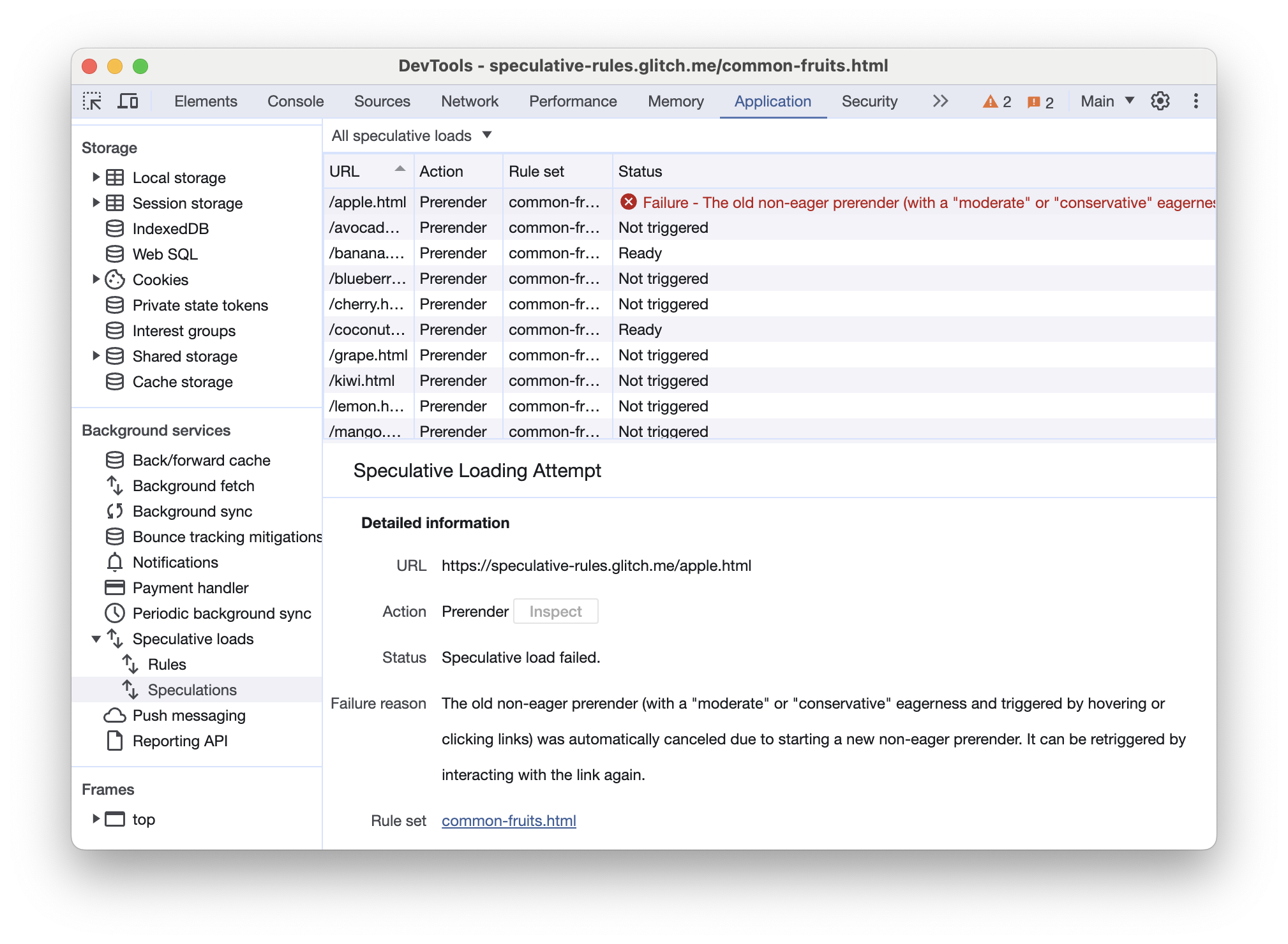علامة التبويب "التخمينات" في "أدوات مطوّري البرامج في Chrome" مع عرض عمليات التحميل المُسبَق التي تعذّر إجراؤها