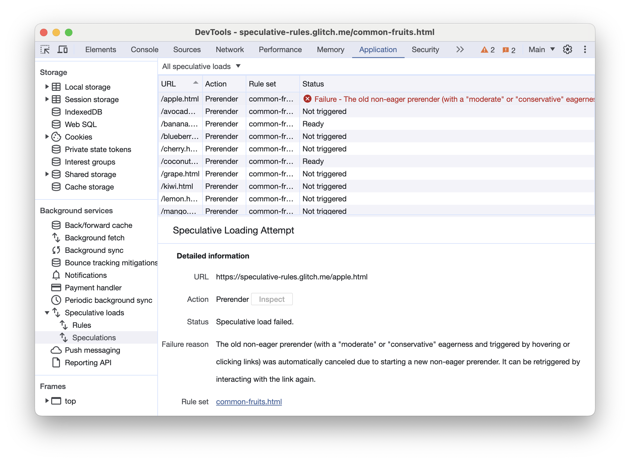 Chrome 开发者工具“Speculations”标签页，显示失败的预加载项