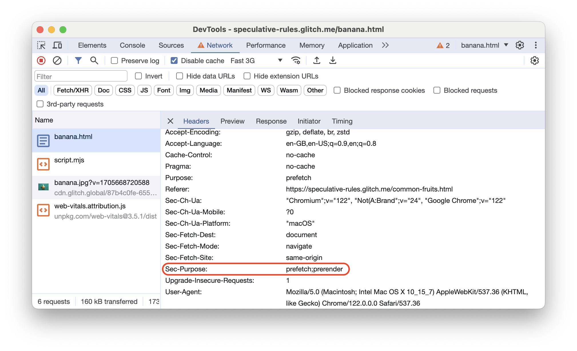 사전 렌더링된 페이지의 Sec-Purpose 헤더를 보여주는 Chrome DevTools 네트워크 패널