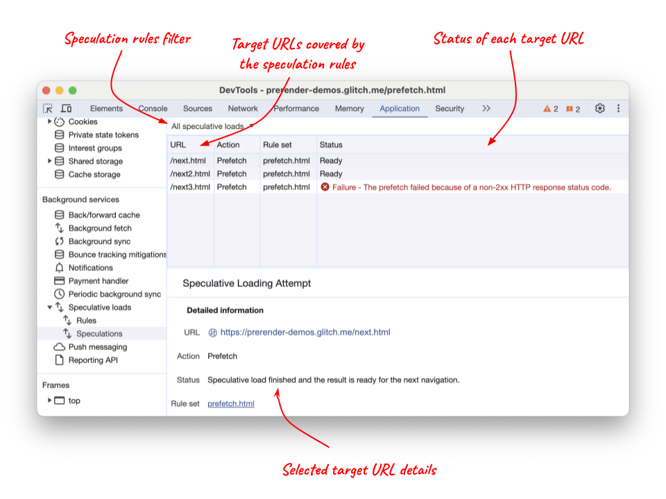 Guia Speculations do Chrome DevTools mostrando URLs pré-carregados e o status deles