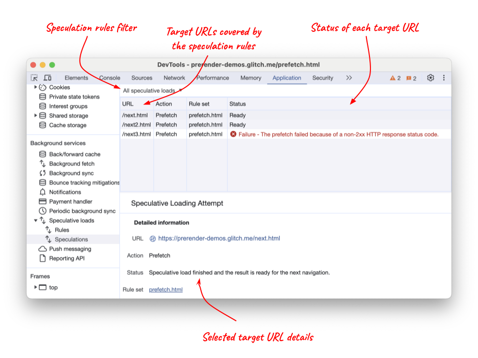 Chrome 开发者工具“Speculations”标签页，显示预提取的网址及其状态