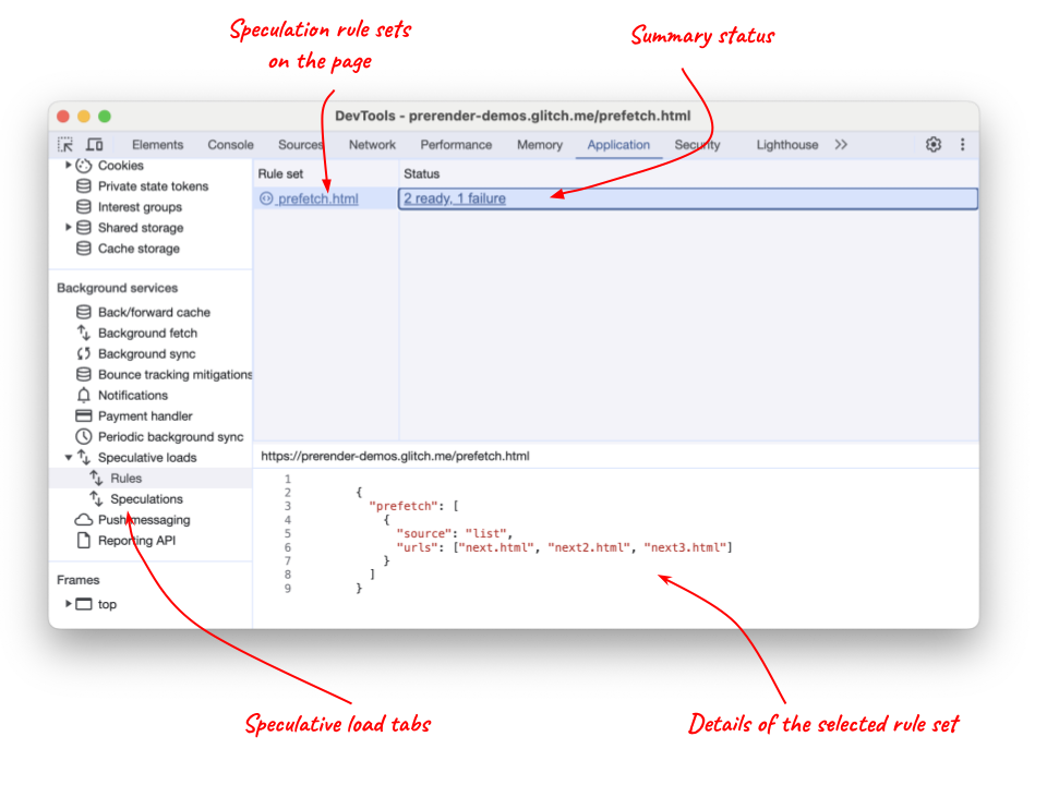 Tab Pemuatan spekulatif Chrome DevTools yang menampilkan aturan pengambilan data