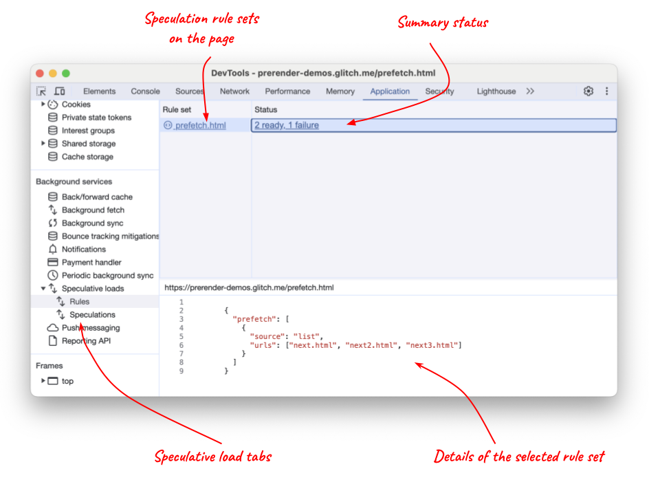 แท็บโหลดแบบคาดเดาใน Chrome DevTools แสดงกฎการดึงข้อมูลล่วงหน้า