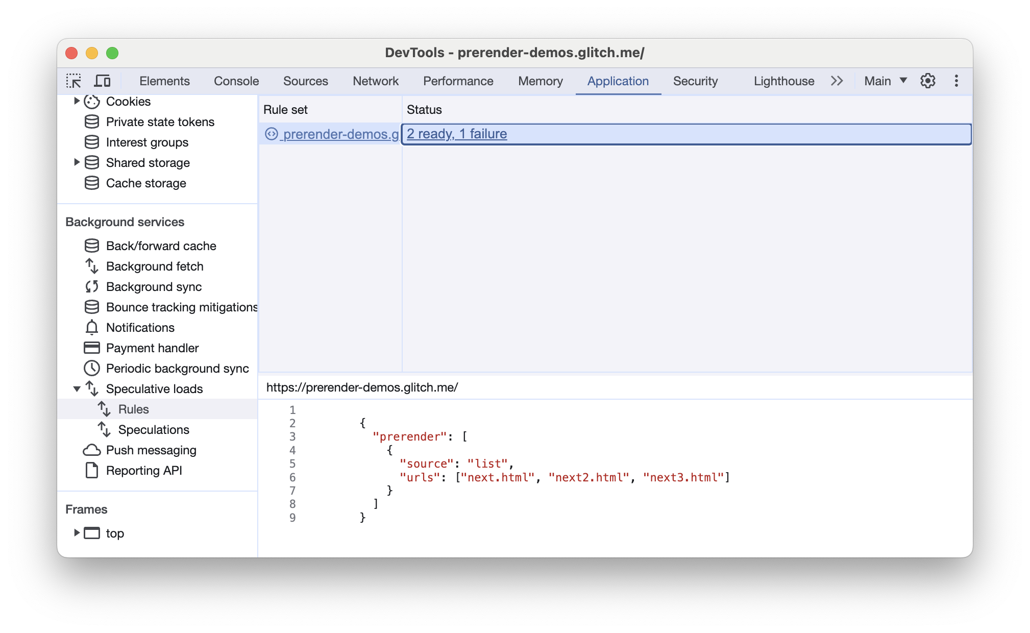 Chrome DevTools 예측에서 사전 렌더링 예측 규칙이 있는 페이지의 탭을 로드함