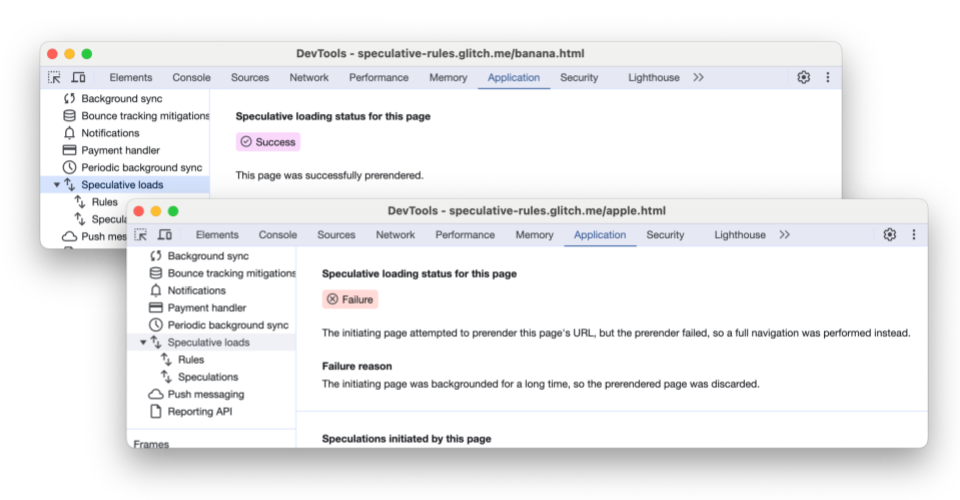 事前レンダリングされたページと失敗したページの両方を示す Chrome DevTools の [投機的読み込み] タブ