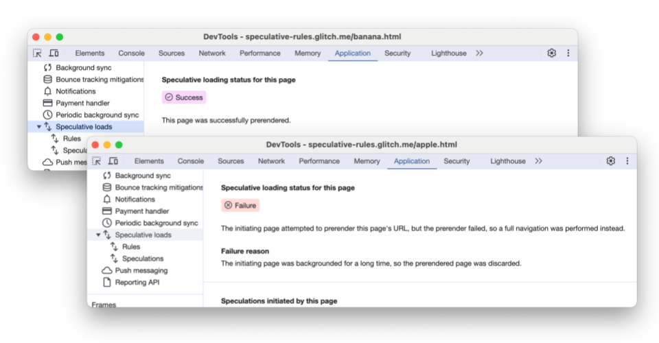 Вкладка «Спекулятивные загрузки» в инструментах разработчика Chrome отображает как успешно, так и неудачно отрисованную предварительно отрисованную страницу.