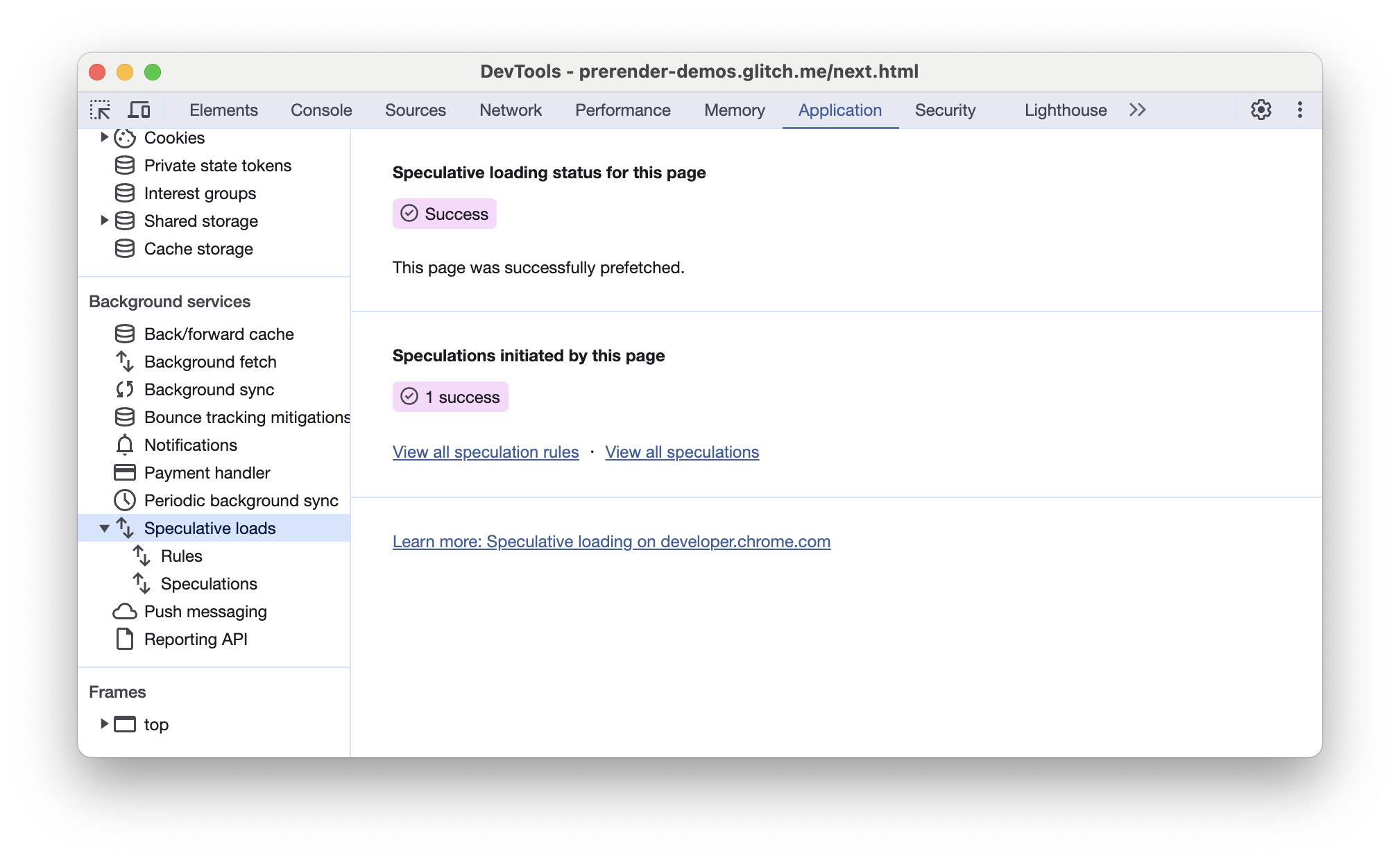 Guia &quot;Speculative loads&quot; do Chrome DevTools mostrando um pré-carregamento bem-sucedido