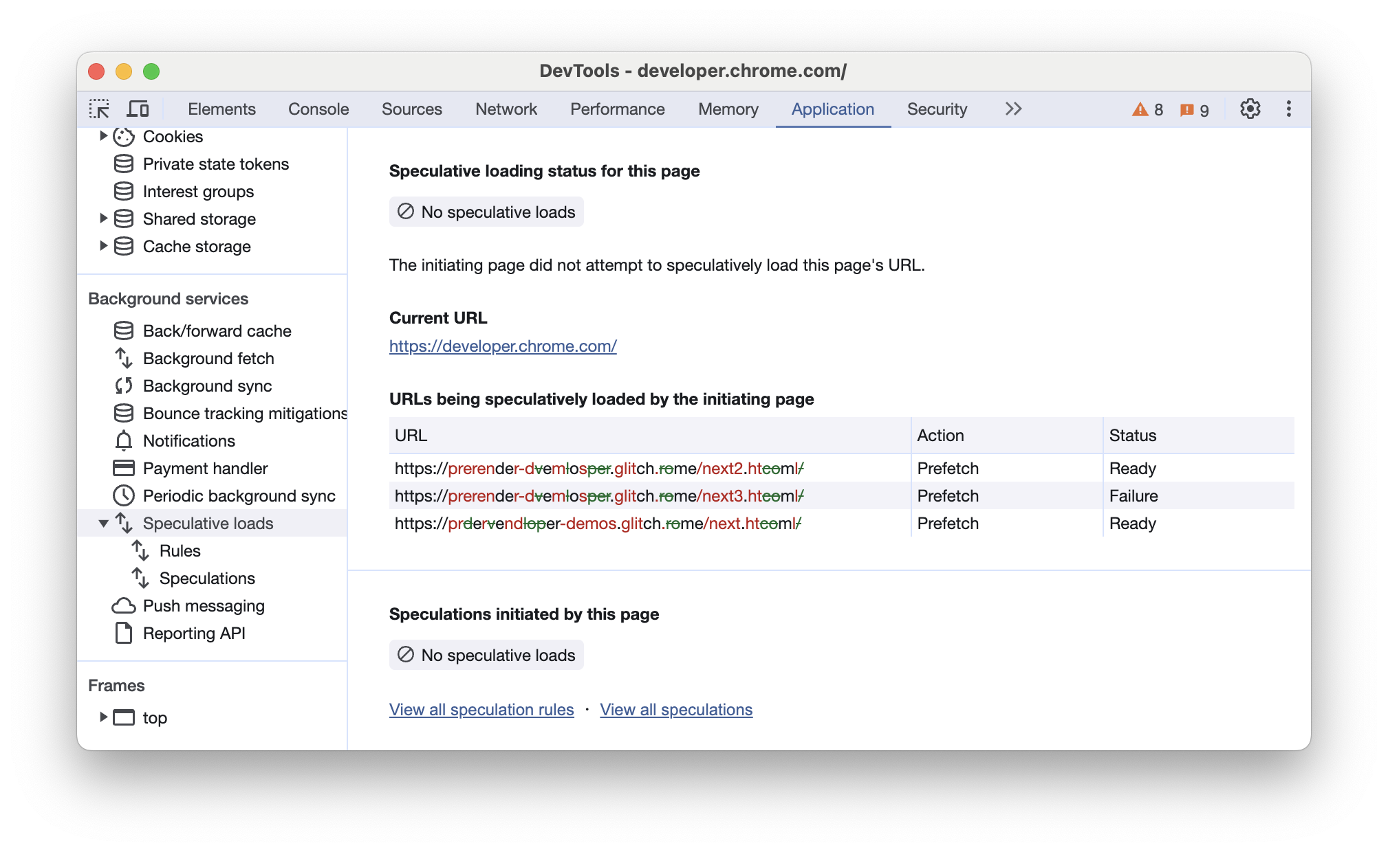 ابزارهای توسعه کروم (Chrome DevTools) در تب «بارگذاری‌های احتمالی» (Speculative loads) یک URL نامتناسب را نشان می‌دهد.