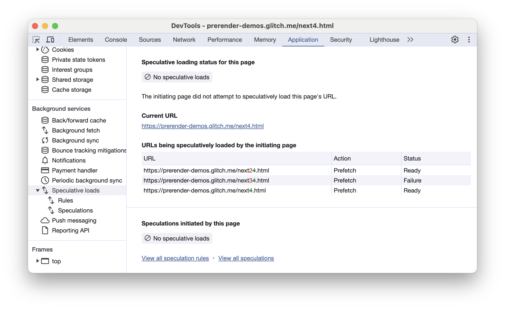 Chrome DevTools Speculative loads tab, showing how the current URL did not match any of the URLs in the previous page's speculation rules