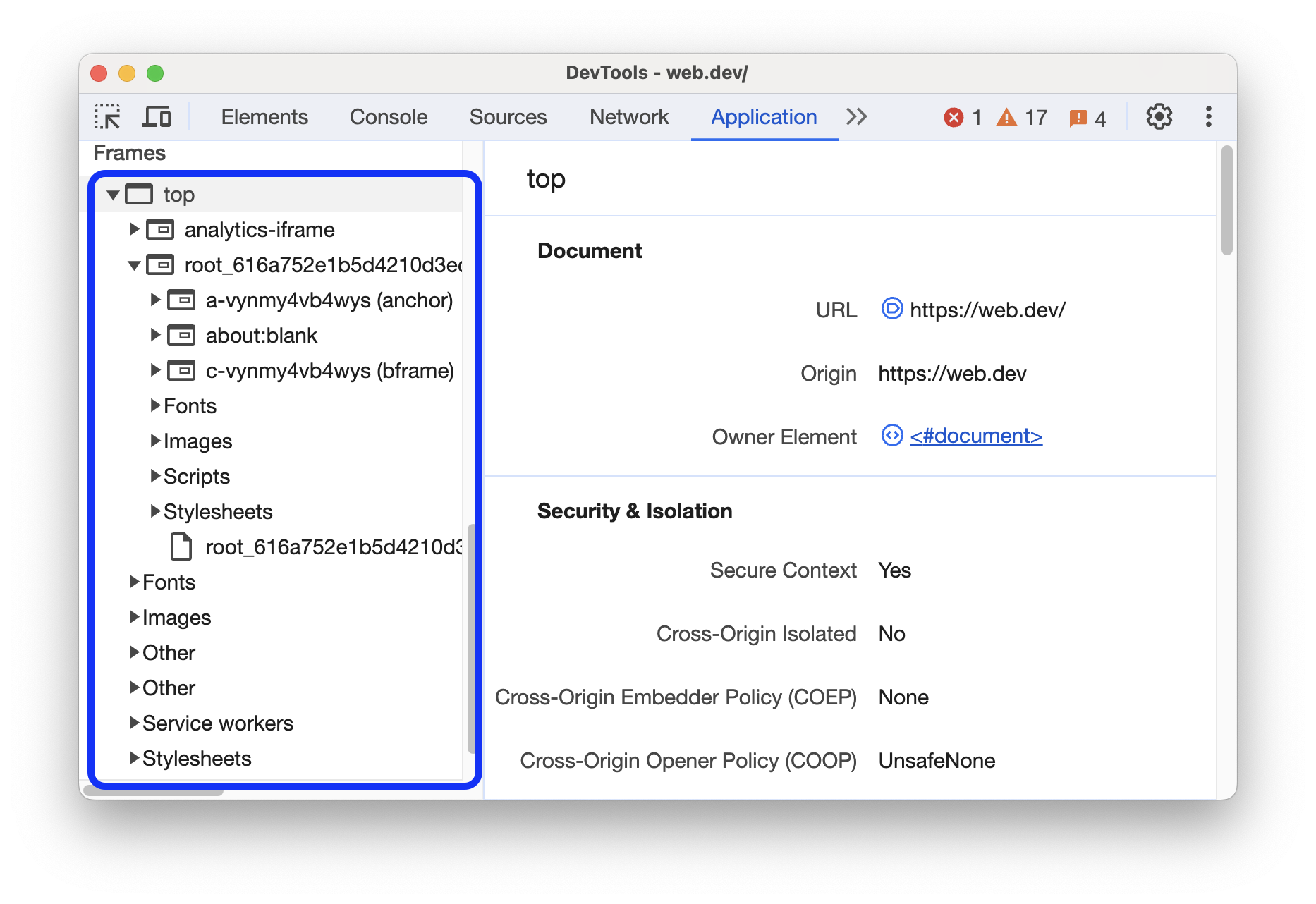 Der Bereich „Frames“.
