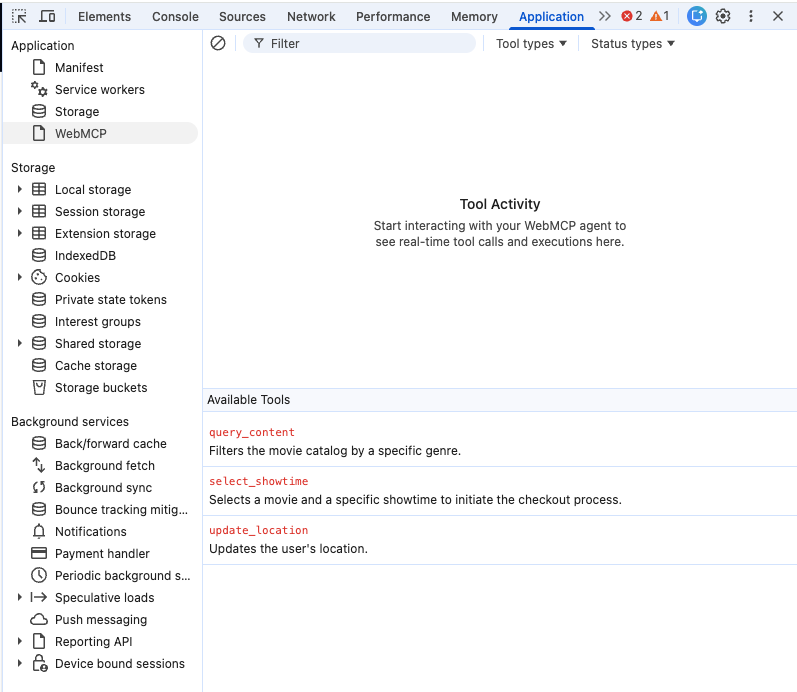 پنل برنامه DevTools با پنل WebMCP انتخاب شده در نوار کناری برنامه.