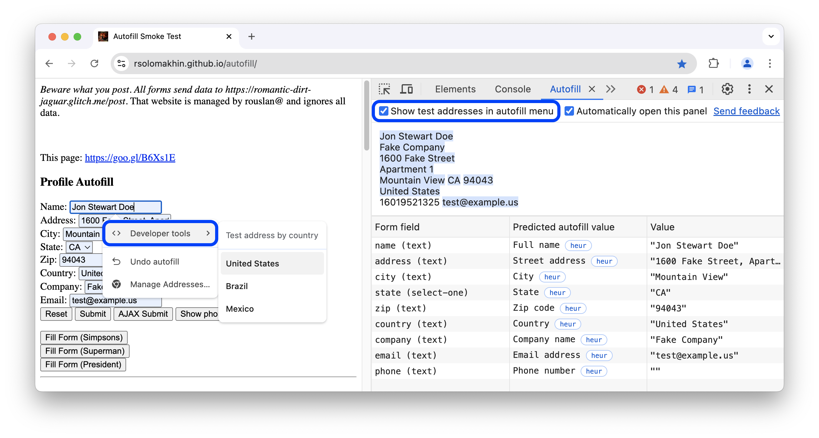 Das Menü „Entwicklertools“ mit Optionen für Testadressendaten.