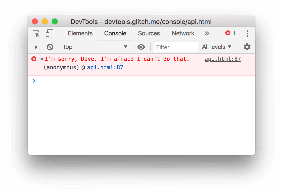 ผลลัพธ์ของตัวอย่าง Console.error() ข้างต้น