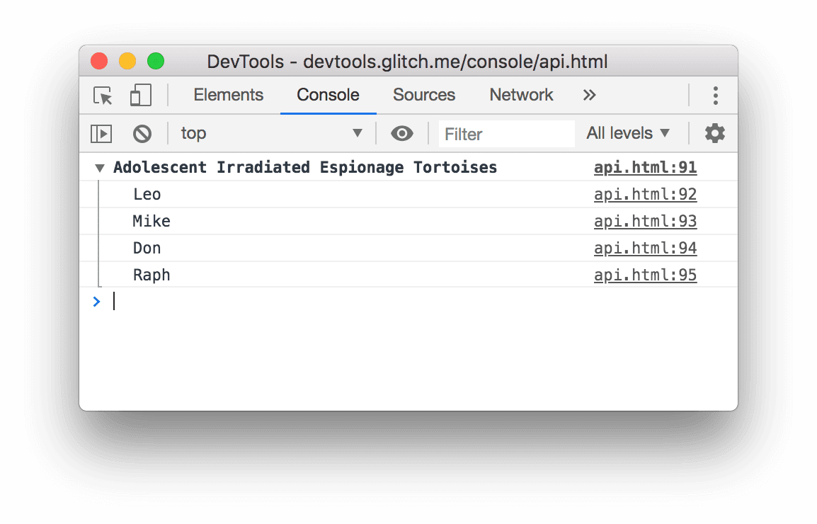 ผลลัพธ์ของตัวอย่าง console.group() ข้างต้น