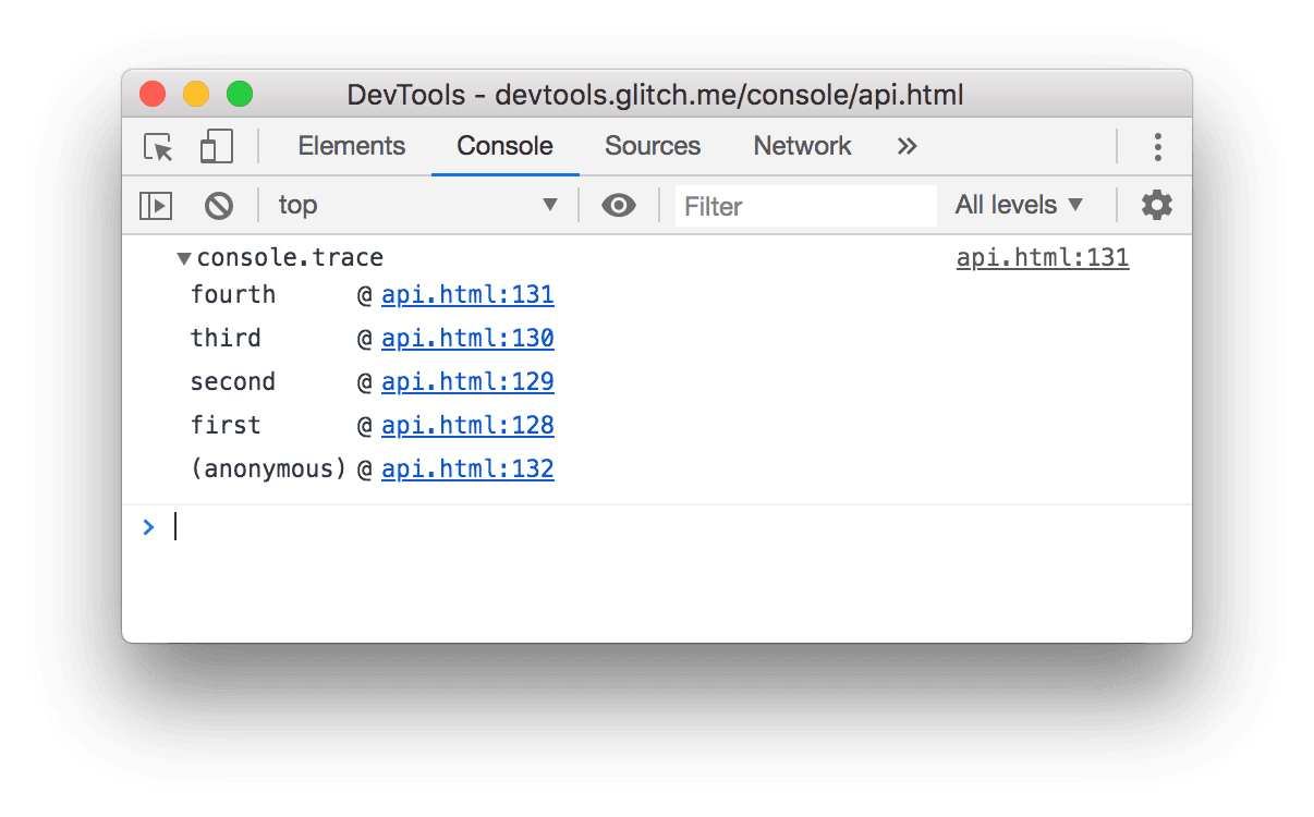 El resultado del ejemplo de console.trace() anterior.