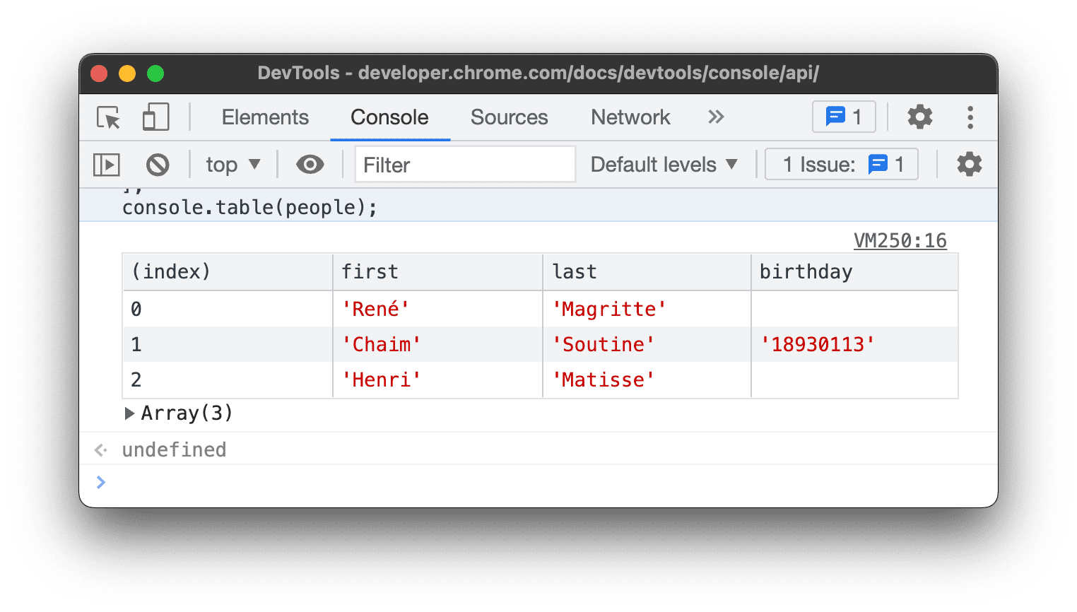 نتيجة مثال console.table() أعلاه