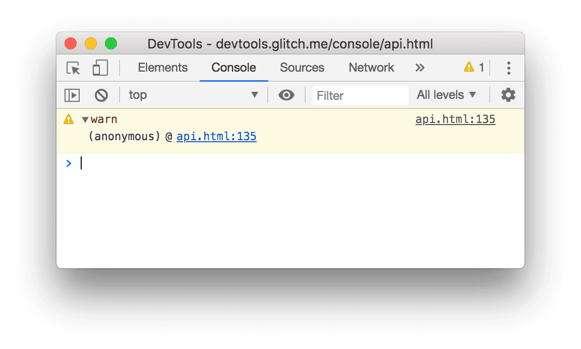 نتيجة المثال console.warn() أعلاه