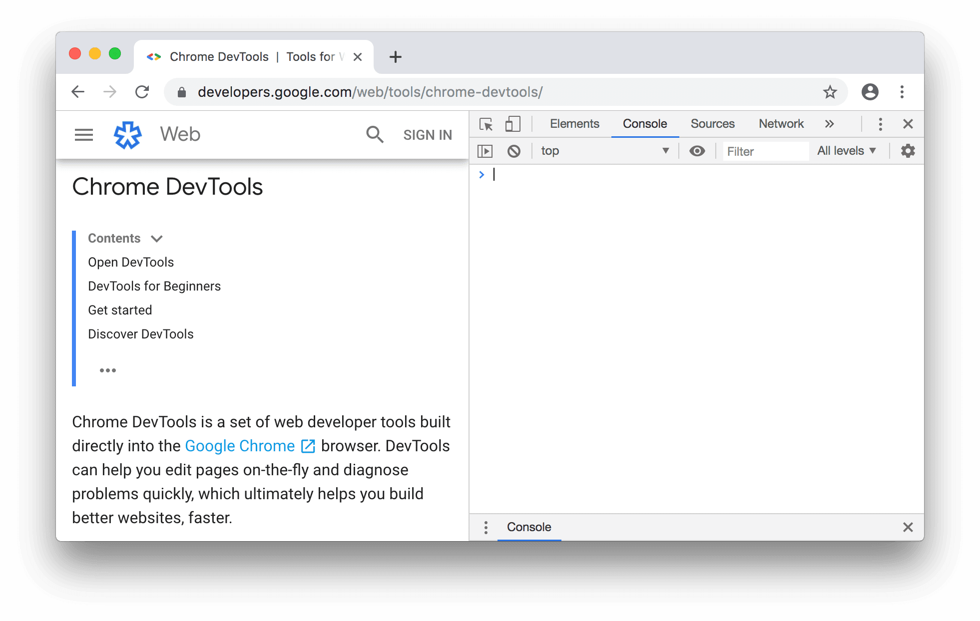 Het Console-paneel naast de DevTools-startpagina.