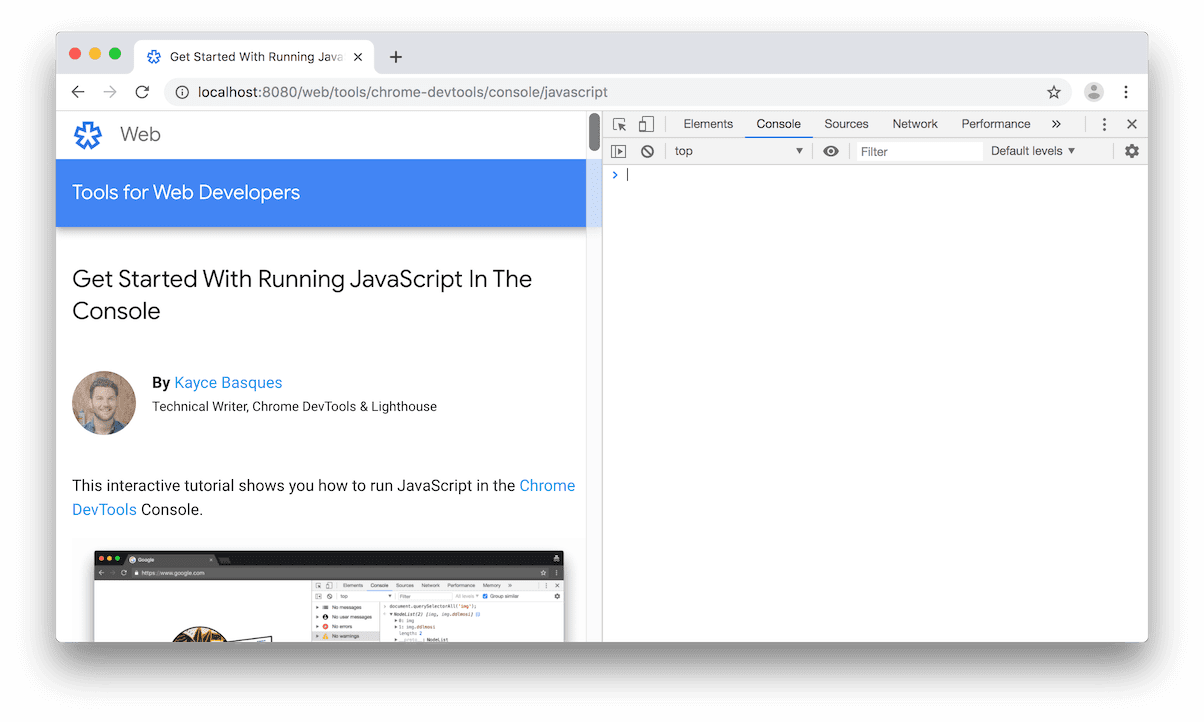 左侧显示本教程,右侧显示 DevTools。