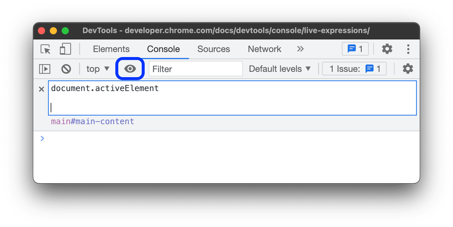 كتابة Document.activeElement في مربع نص &quot;التعبير المباشر&quot;.