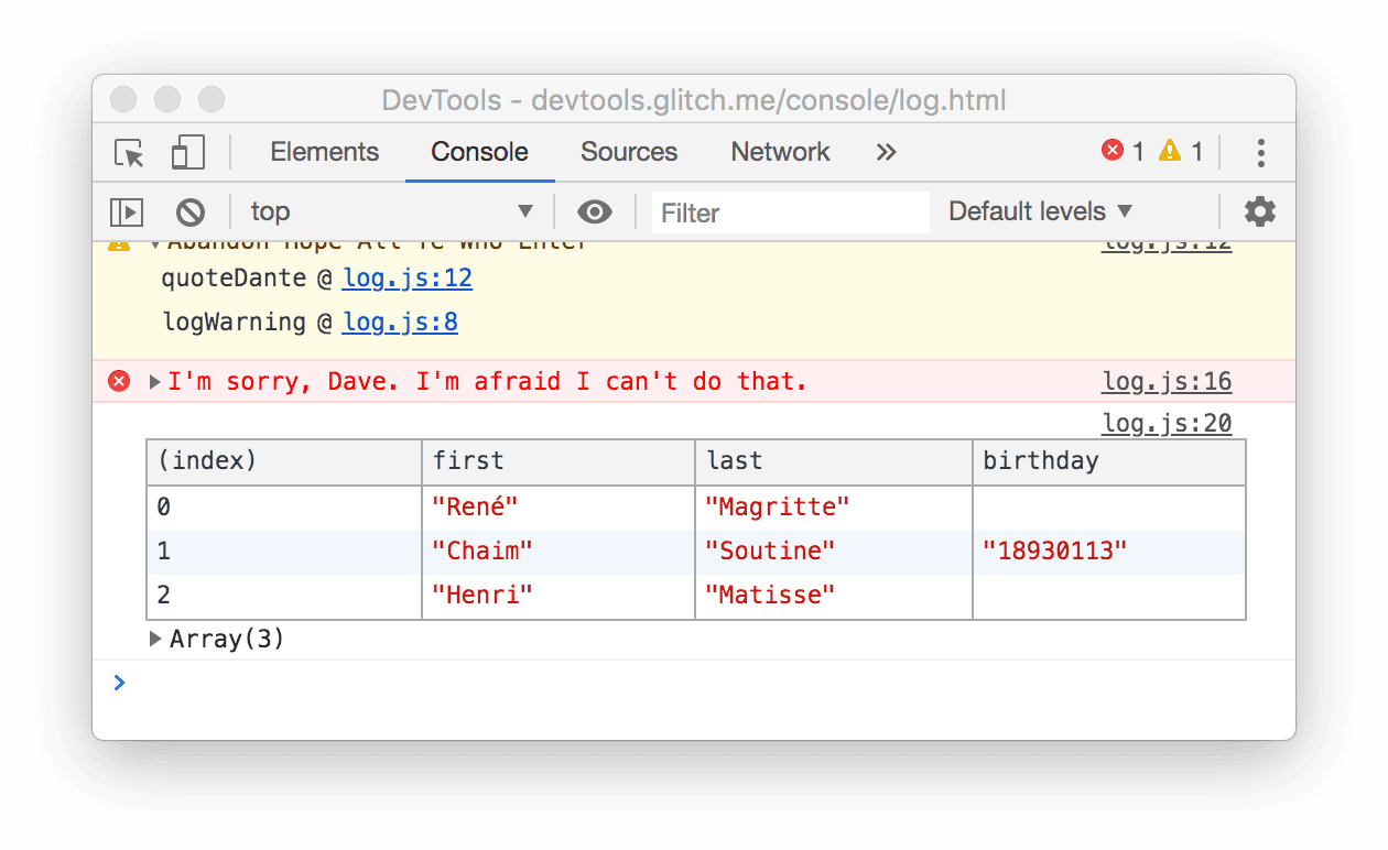 A table in the Console.