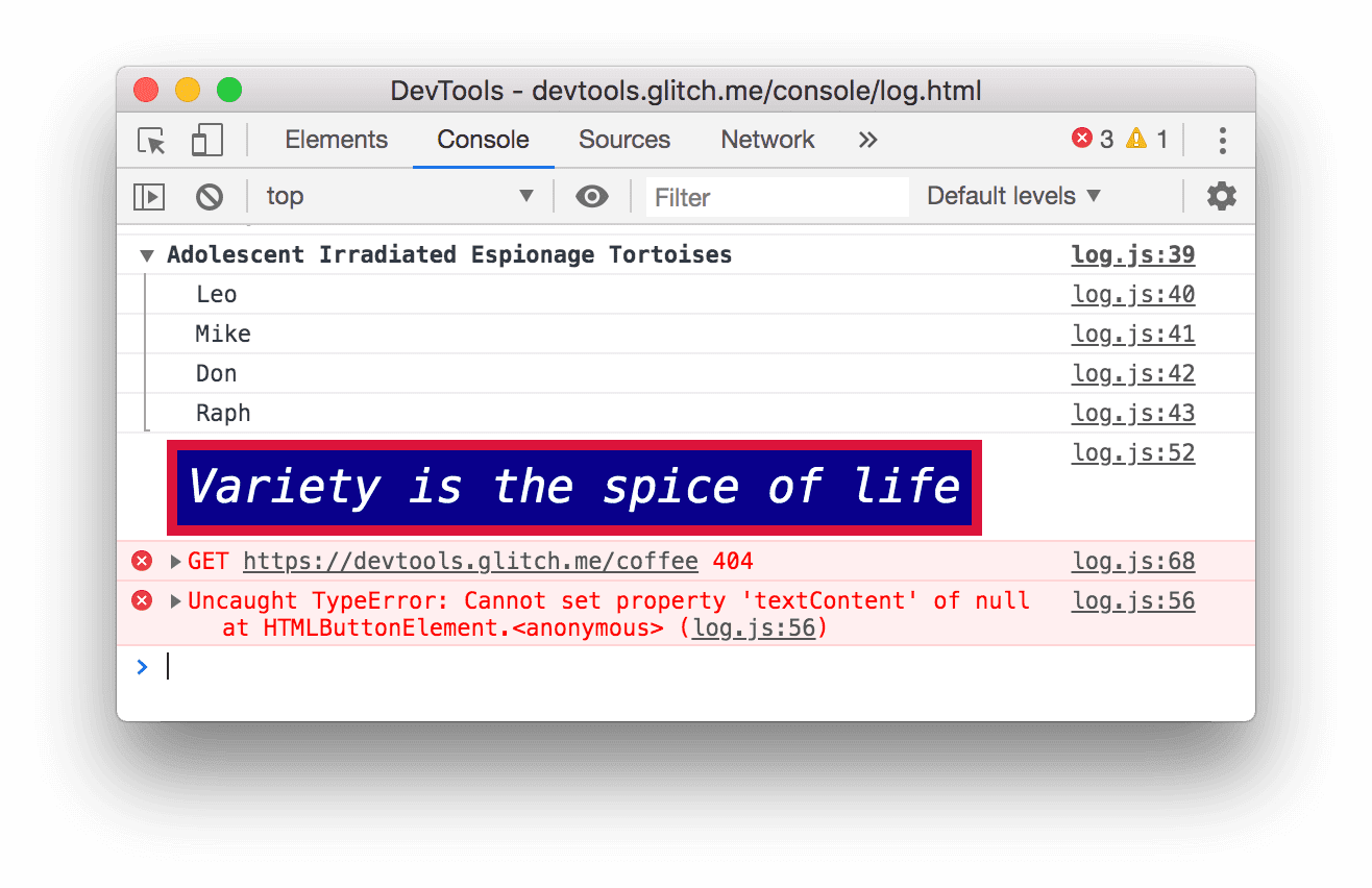 یک خطای TypeError در کنسول.