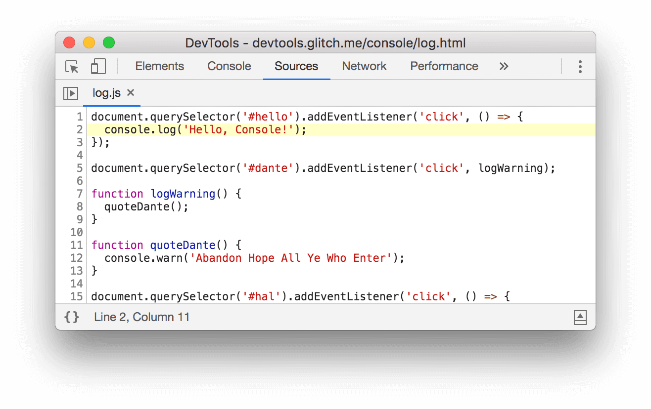 DevTools پس از کلیک روی log.js:2، پنل Sources را باز می‌کند.