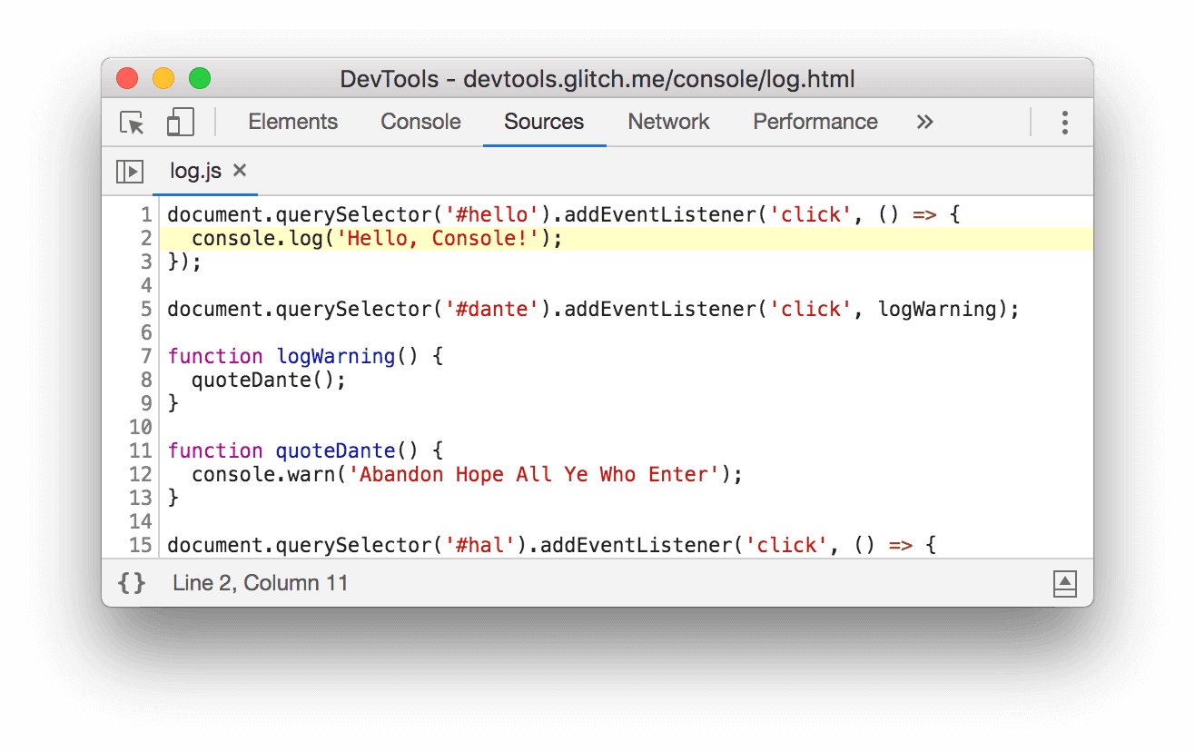 DevTools открывает панель «Источники» после нажатия log.js:2.
