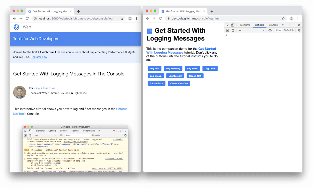 DevTools در سمت راست نسخه نمایشی باز می‌شود.