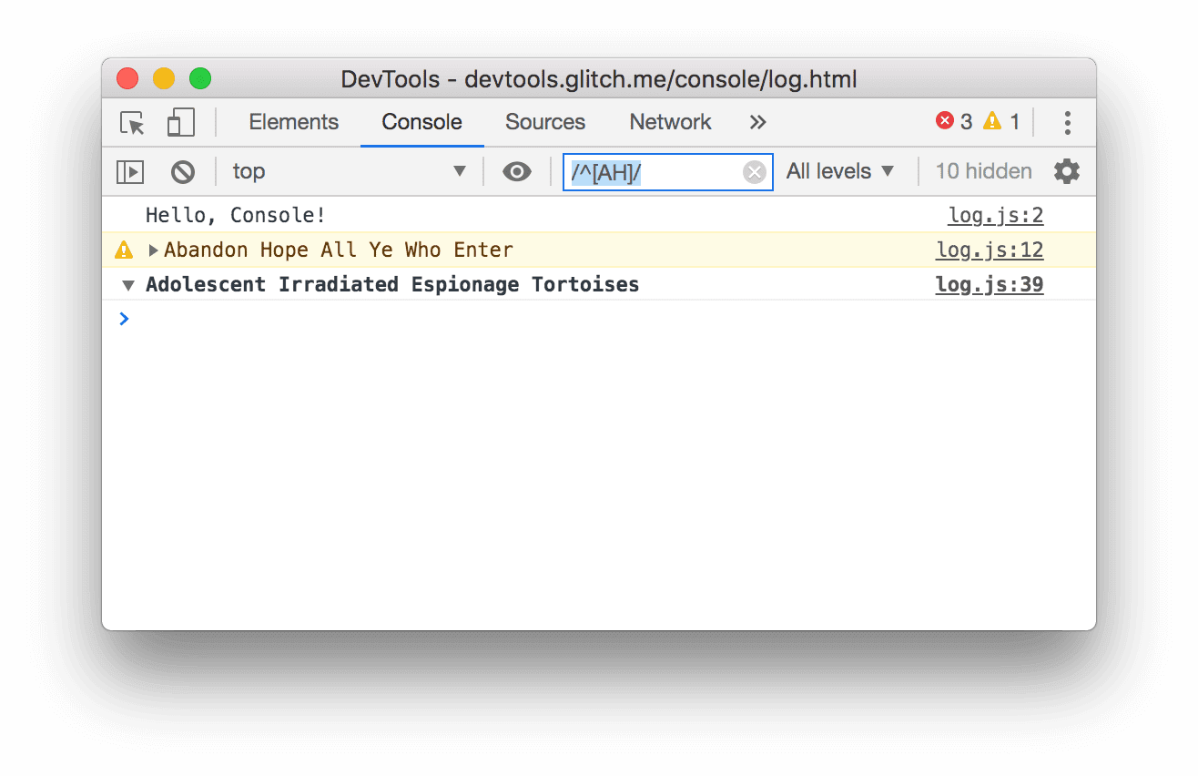 过滤出与模式 `/^[AH]/` 不匹配的所有消息。