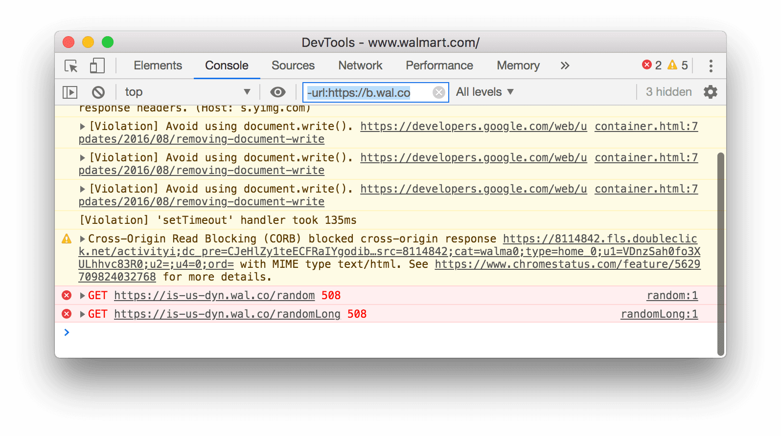 Een filter voor negatieve URL's. DevTools verbergt alle berichten die overeenkomen met de opgegeven URL.