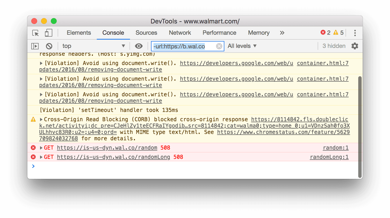 除外 URL フィルタ。指定された URL に一致するすべてのメッセージが DevTools によって非表示になっています。