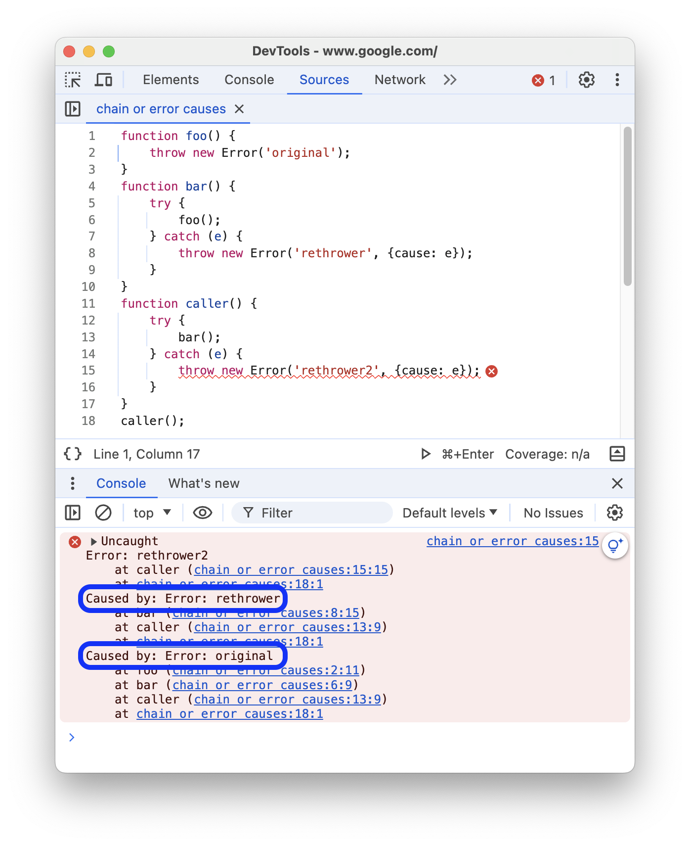 Een keten van foutoorzaken voorafgegaan door 'Veroorzaakt door:' in de stacktrace.